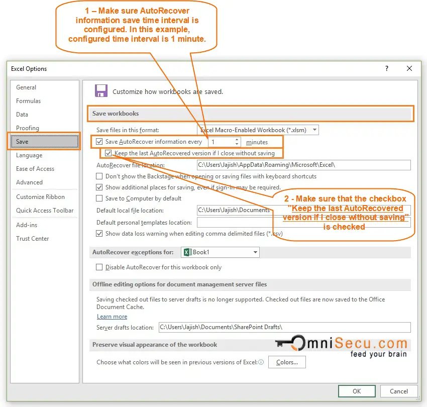 Settings to recover New unsaved Excel files