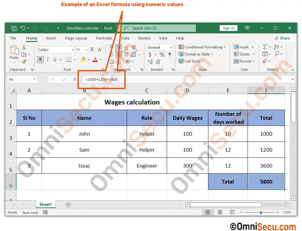 excel formulas using numeric values