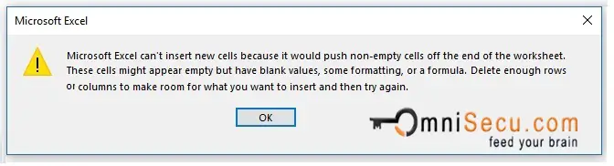  Cannot insert new Cells in Excel worksheet error dialog box