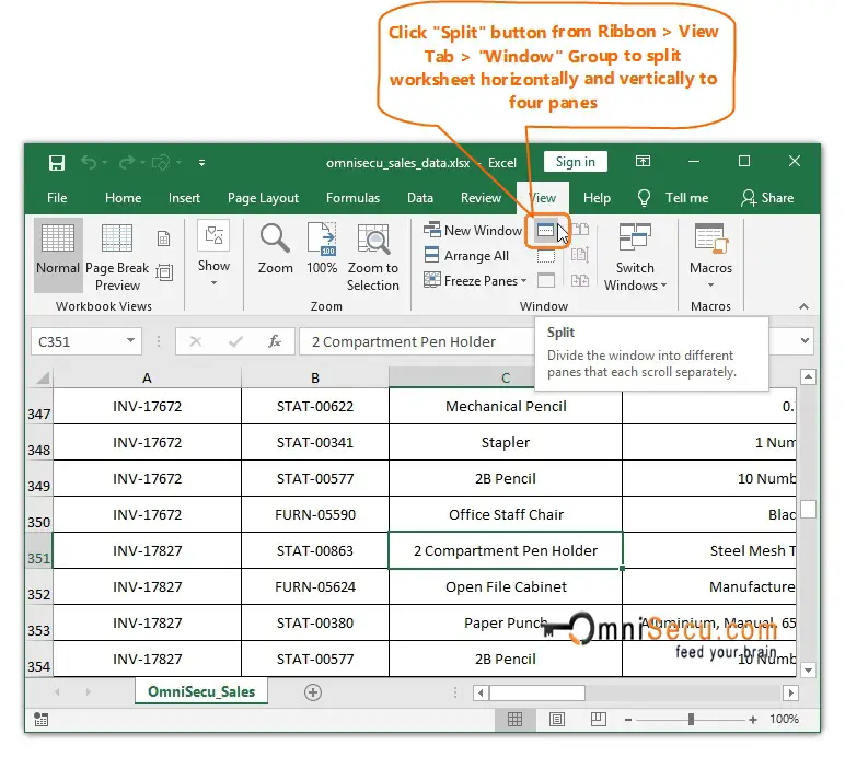  Click Split button to split panes horizontally and vertically 