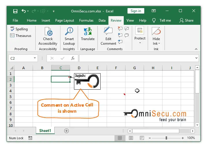 Comment on Active Cell is shown