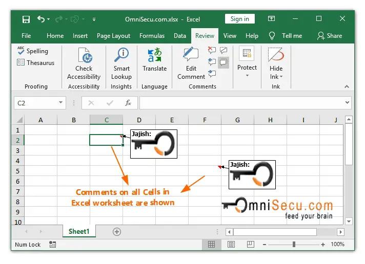  Comments on all Cells in Excel worksheet are shown 