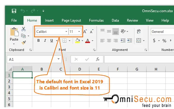 Default font for Excel 2019 is Calibri size 11