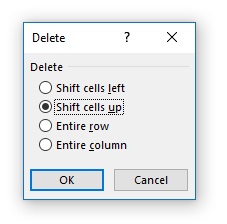  Delete cells dialog box Excel worksheet 