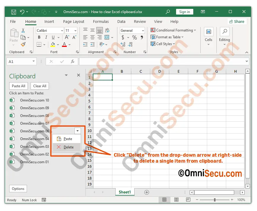 delete single item from excel clipboard