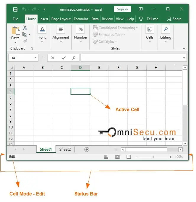 Excel cell mode options edit status