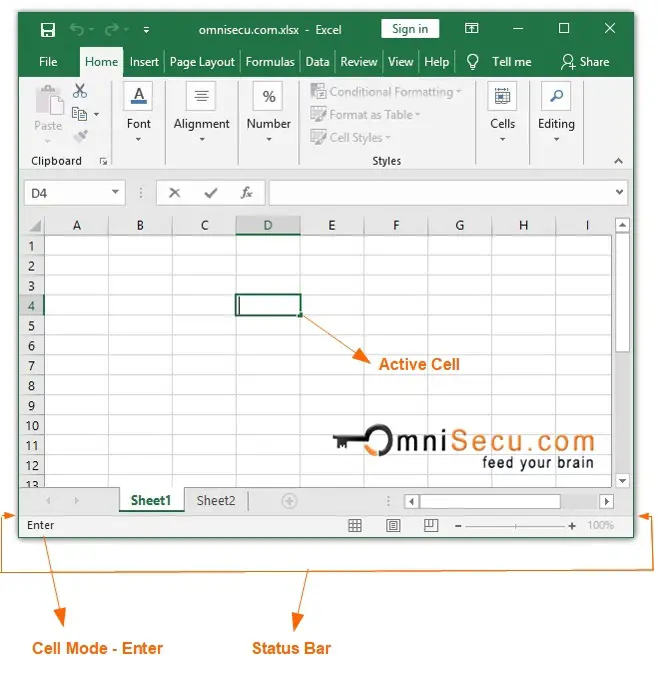 Excel cell mode options enter status