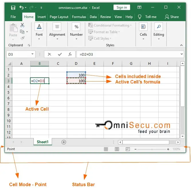 Excel cell mode options point status