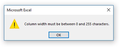 Excel maximum possible Column width is 255