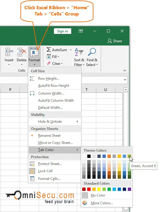Excel Ribbon format cells change Tab color