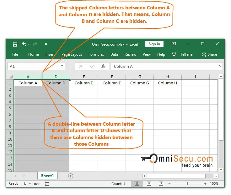 Excel worksheet Columns hidden