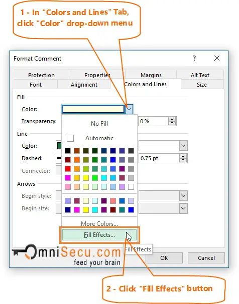  Format Comment dialog box Colors and lines Fill Effects 