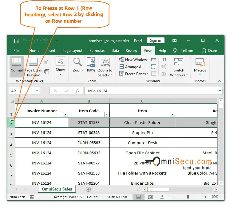  Freeze Pane rows select bottom Row 