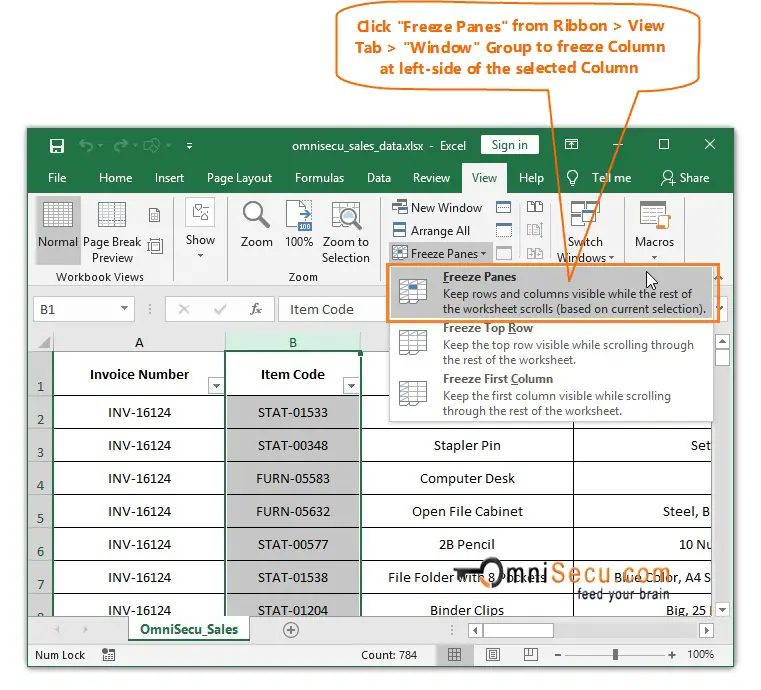  Freeze Panes menu to freeze Column 