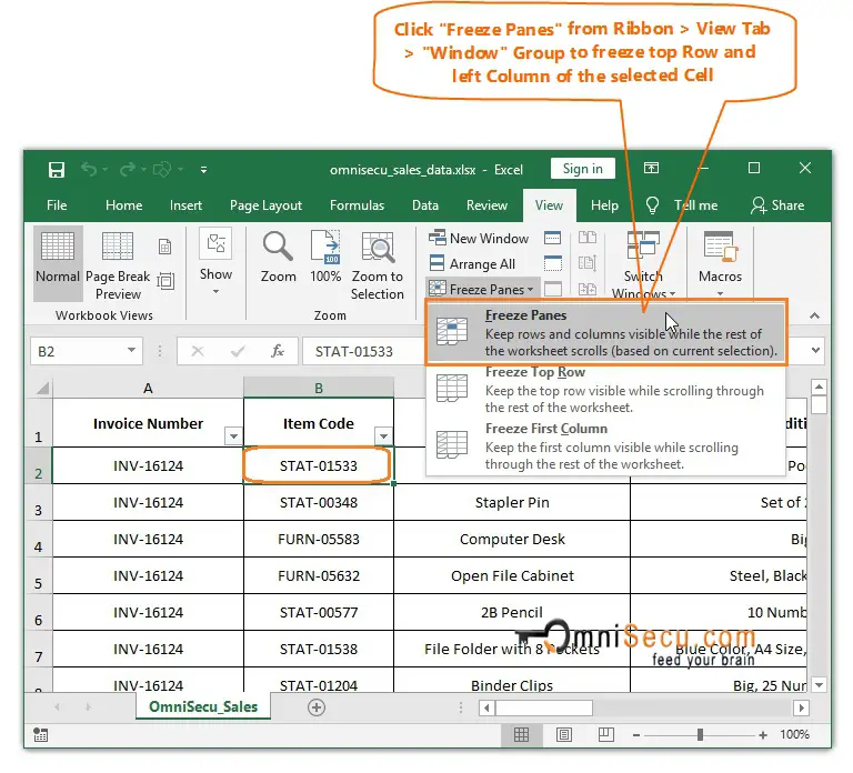  Freeze Panes menu to freeze Row and Column 