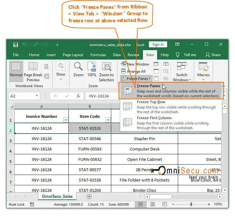  Freeze Panes menu to freeze Row 