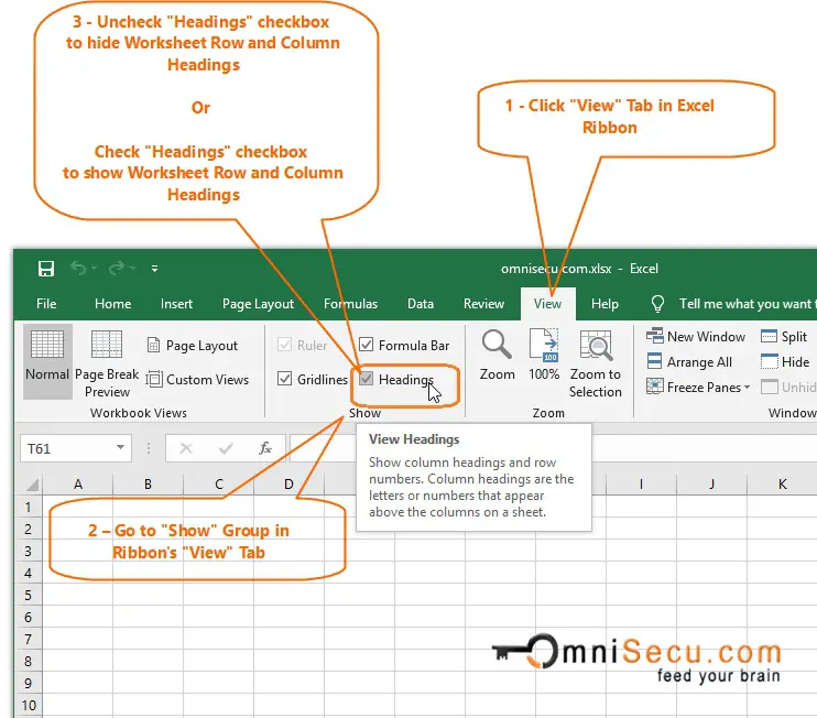 Hide Show Excel worksheet Row and Column headings from Excel Ribbon