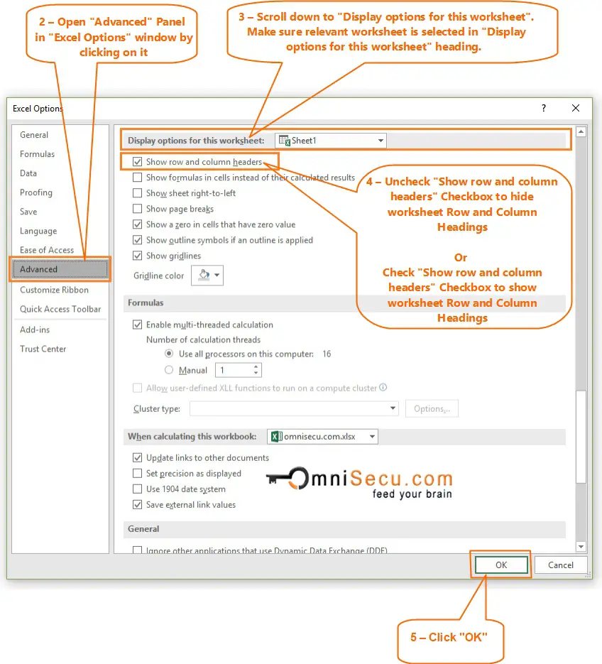 Hide Show Excel worksheet Row and Column headings from Excel Options