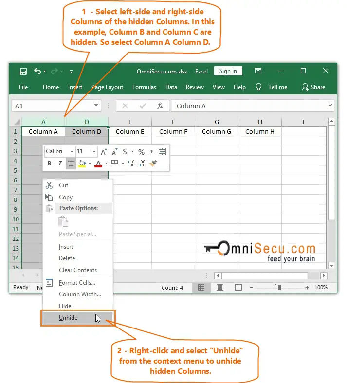 How to unhide hidden Columns from Excel worksheet