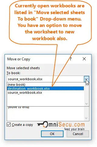 Move selected sheets To book Drop-down menu
