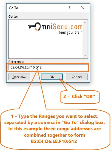 Multiple range selection using Go To dialog box