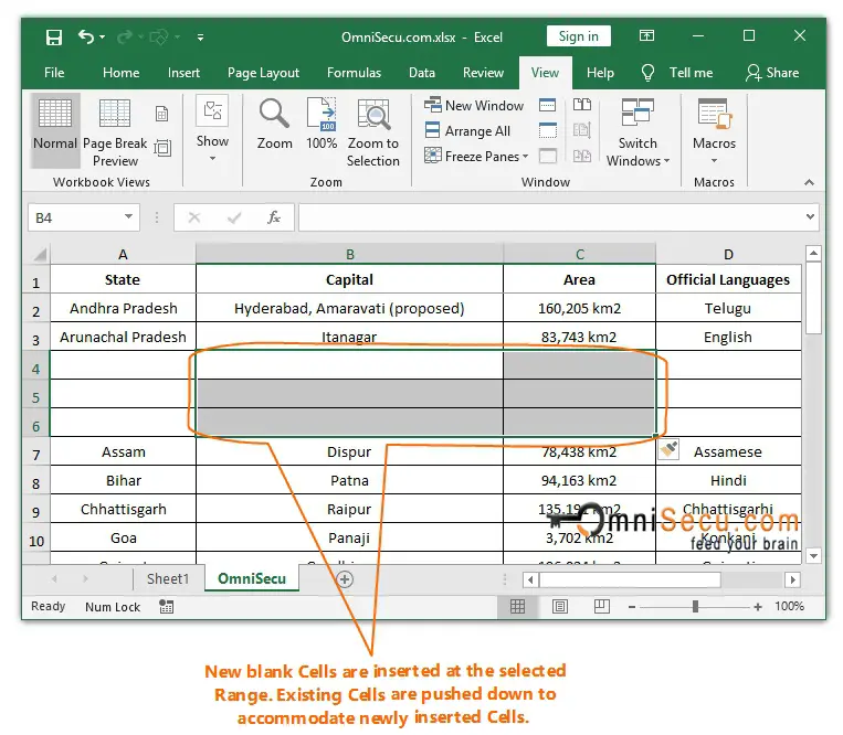  New blank Cells are inserted in Excel worksheet 