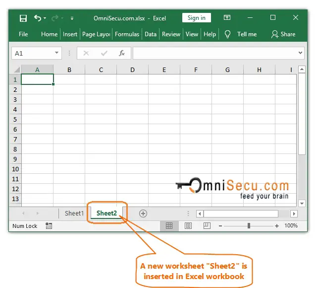  A new worksheet Sheet2 is inserted in Excel workbook 