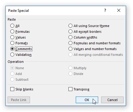  Paste Special Dialog box Comments 