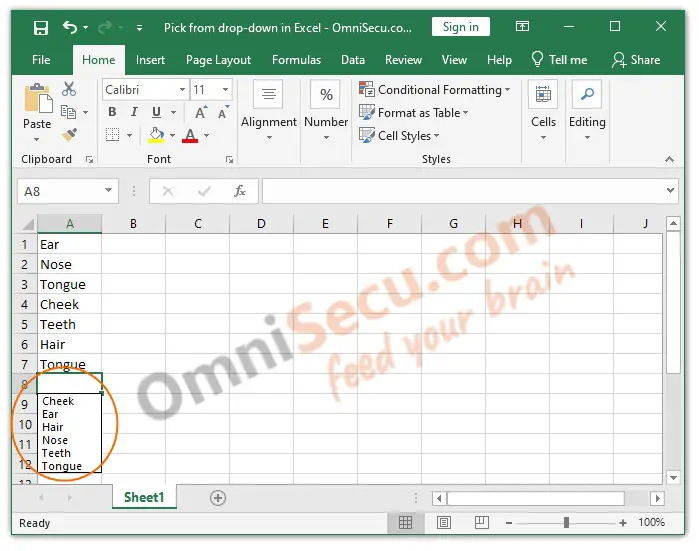 excel shortcut to pick from drop down list