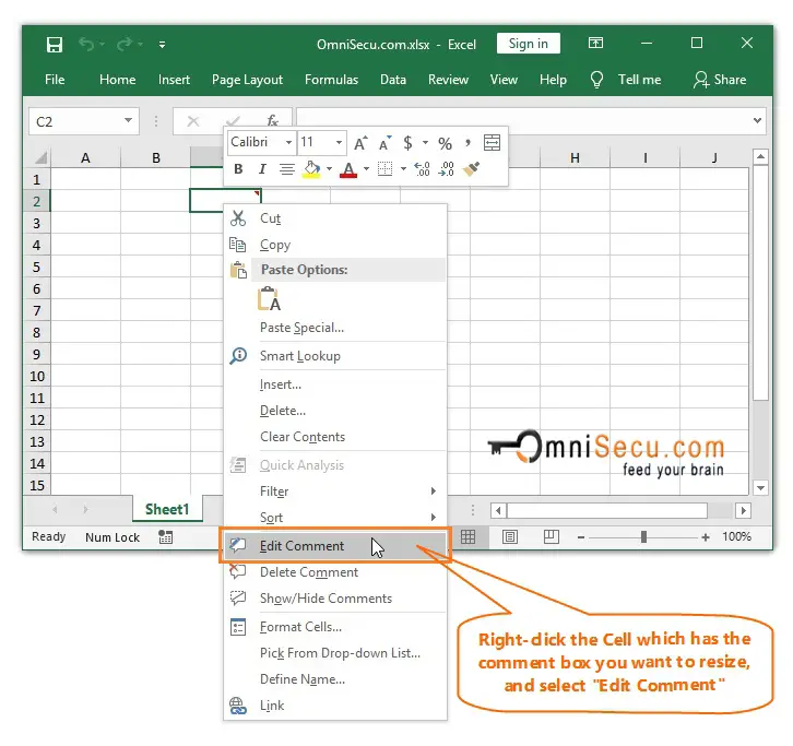  Right-click cell to Resize Comment box in Excel Cell