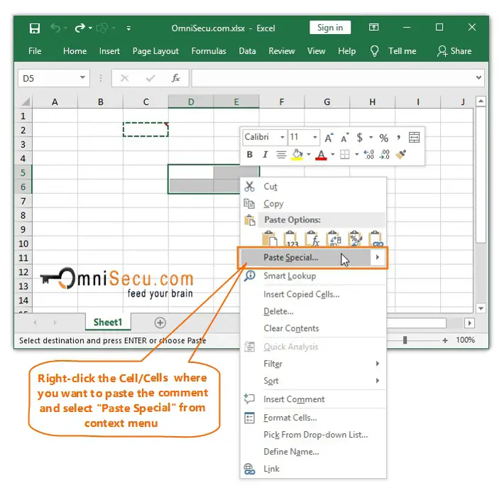  Right-click Cells and select Paste Special to paste comment 