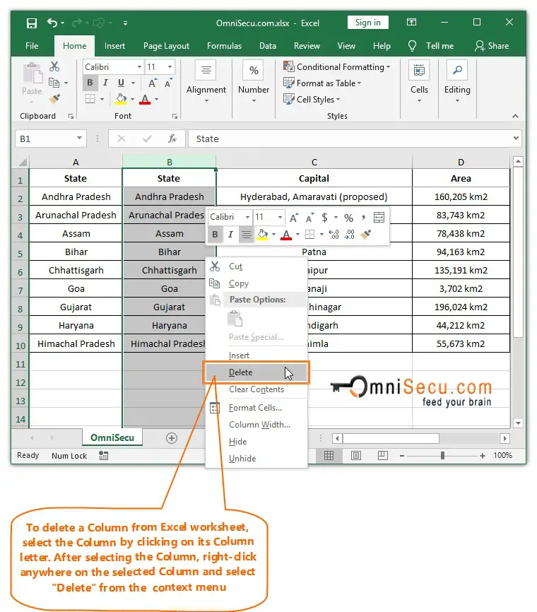  Right-click to delete a Column from Excel worksheet 