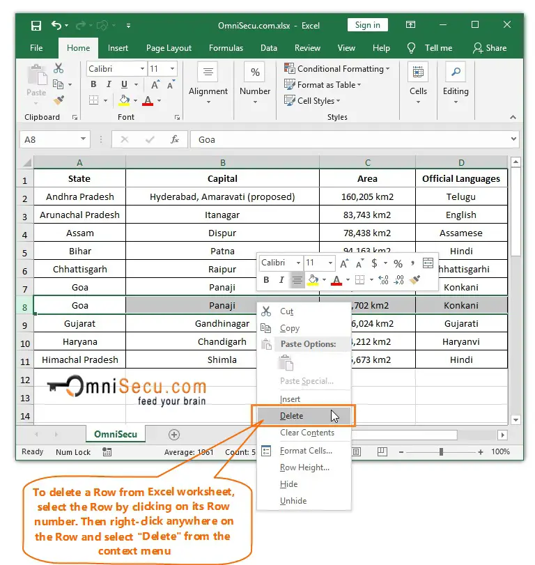  Right-click to delete a Row from Excel worksheet 