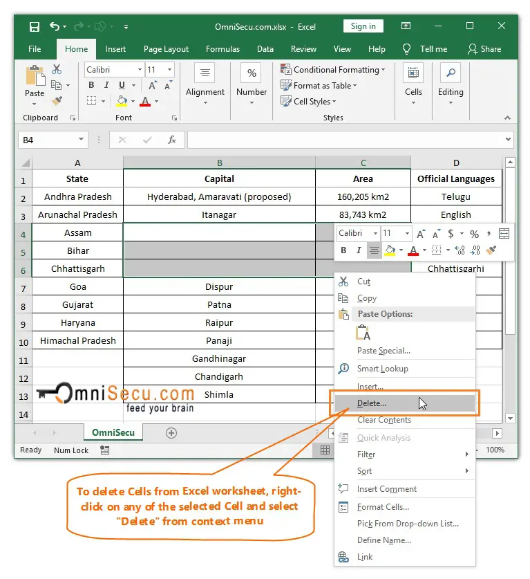  Right-click to delete Cells from Excel worksheet 