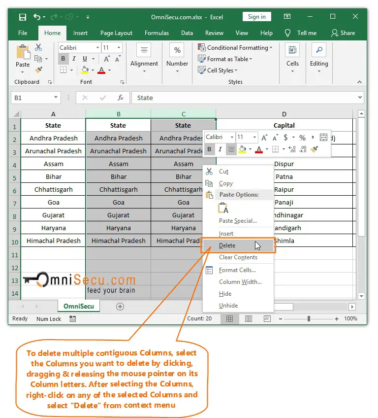  Right-click to delete multiple contiguous Columns from Excel worksheet 