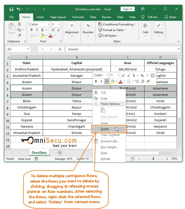  Right-click to delete multiple contiguous Rows from Excel worksheet 