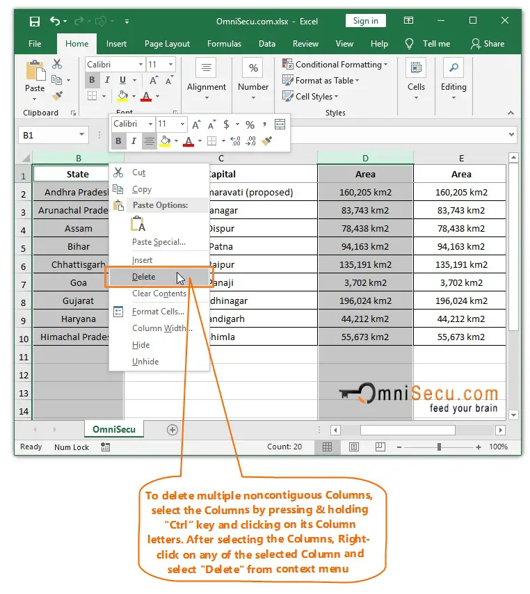  Right-click to insert multiple noncontiguous Columns from Excel worksheet 