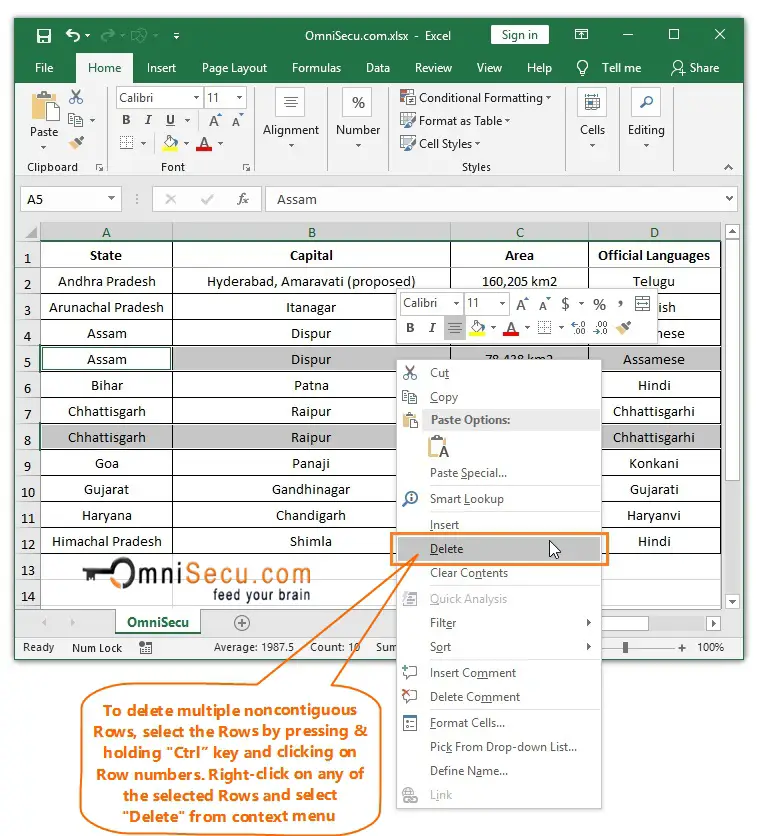  Right-click to insert multiple noncontiguous Rows in Excel worksheet 