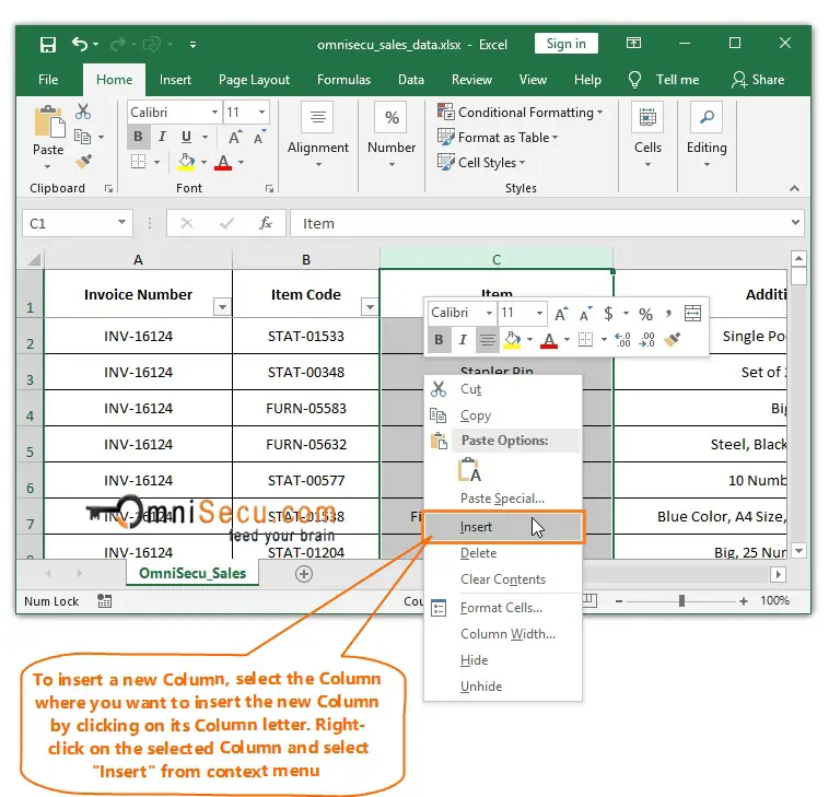  Right-click to insert a new Column in Excel worksheet 