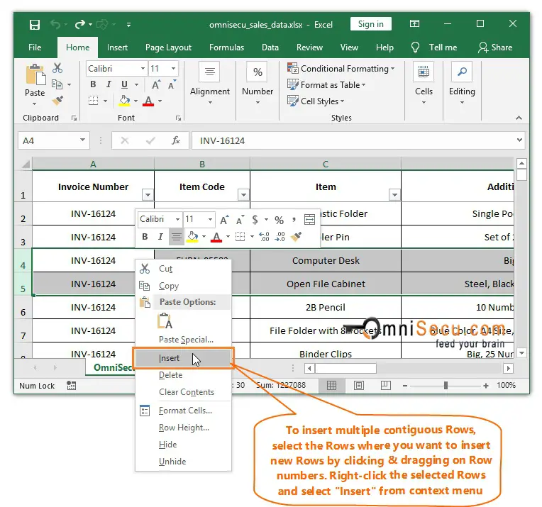  Right-click to insert multiple contiguous Rows in Excel worksheet 