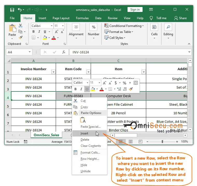  Right-click to insert a new Row in Excel worksheet 