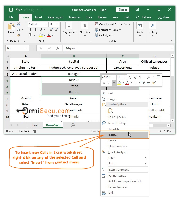  Right-click to insert new Cells in Excel worksheet 