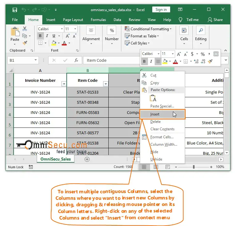  Right-click to insert multiple contiguous Columns in Excel worksheet 
