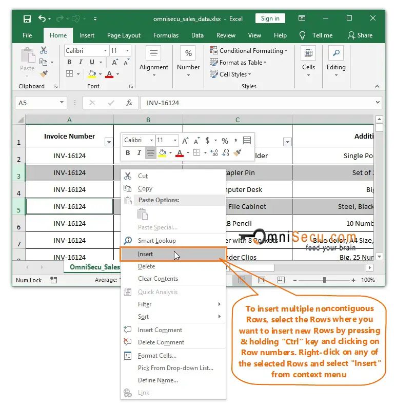  Right-click to insert multiple noncontiguous Rows in Excel worksheet 