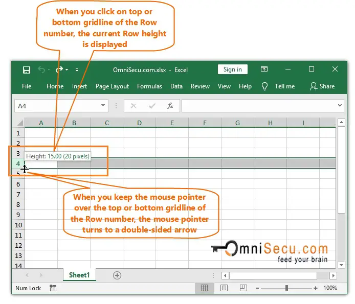 Row number gridline is clicked to change the height