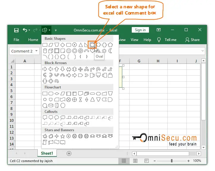  Select a new shape for Excel Cell Comment box