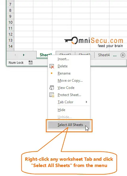 how to select all worksheets to excel group