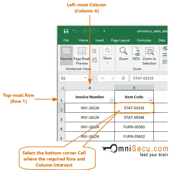  Select Cell to Freeze Pane at Row and Column 