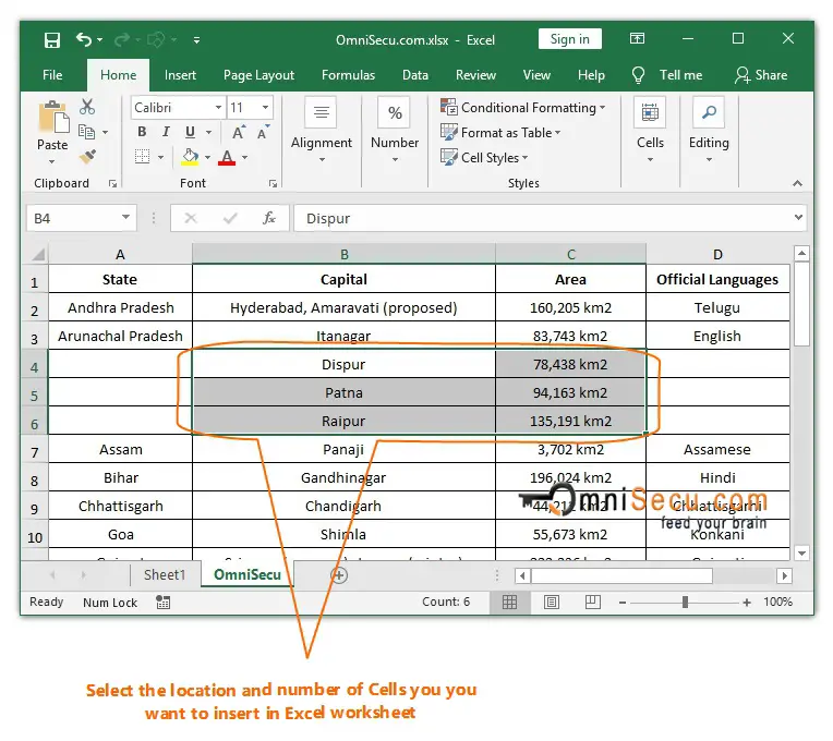  Select location and number of Cells in Excel worksheet 