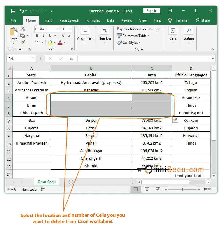  Select location and number of Cells to delete from Excel worksheet 